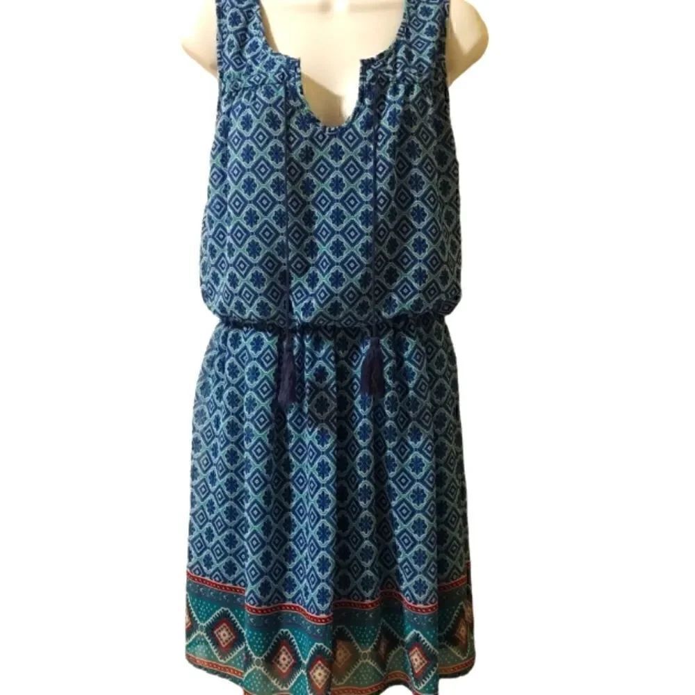 Love Reign Aztec geometric print blue sleeveless boho dress size M